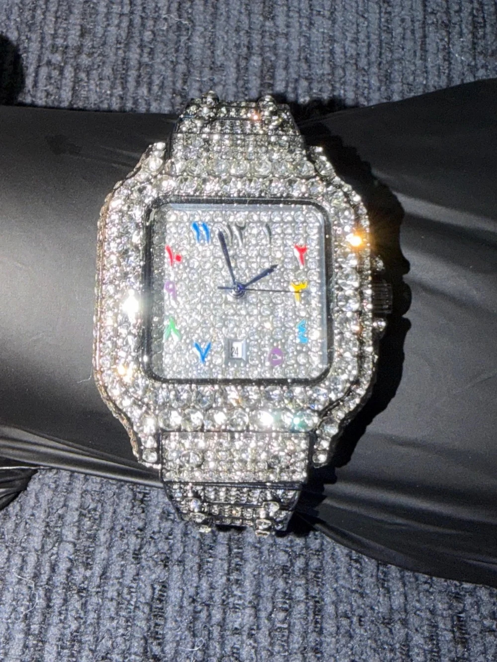 Men's Crystal-Paved Silver Tone Bracelet Watch with Multicolor Dial Accents